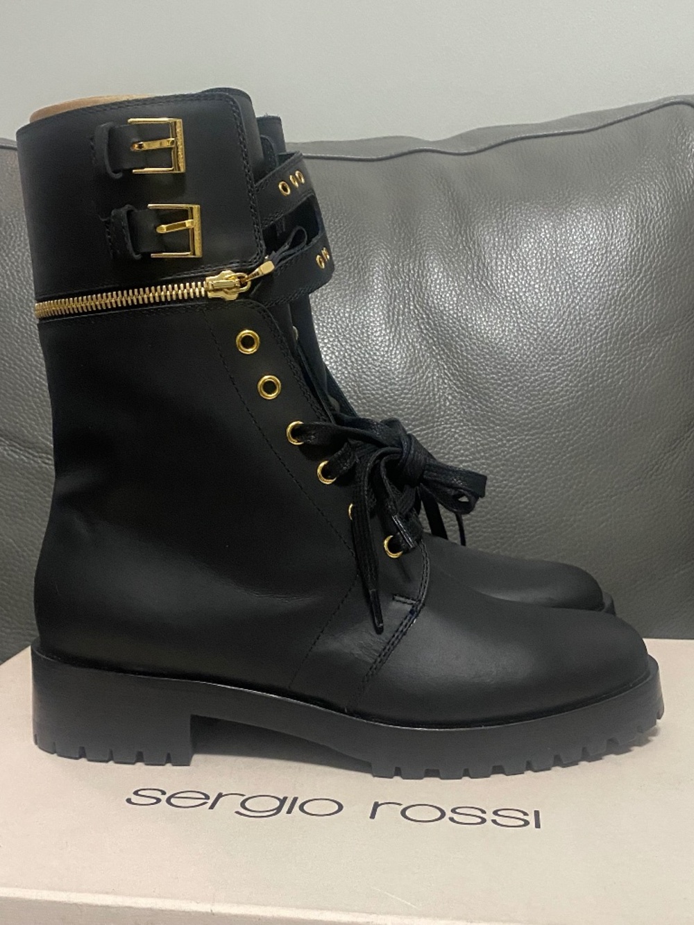 NEW! SERGIO ROSSI Combat Style Ankle Bootie w. Gold Buckle Detail Women's Sz 38